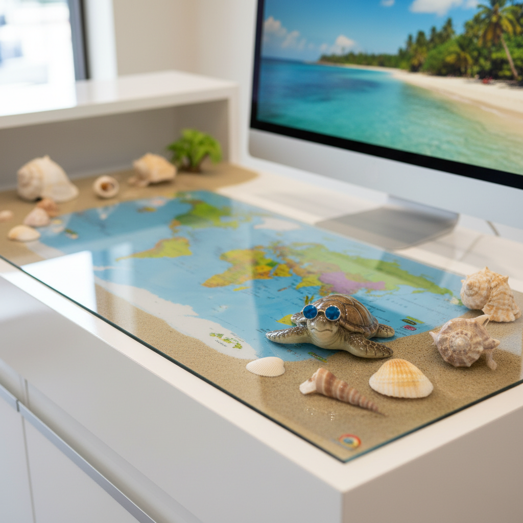 A polished white travel agency desk styled like a sandy beach, with a smooth tan surface and scattered decorative seashells arranged around a small, glossy ceramic turtle figurine wearing tiny painted sunglasses. A detailed world map lies beneath a transparent glass desk mat, with bright tropical islands standing out. A sleek computer monitor displays a tropical coastline, slightly out of focus. Soft, diffused daylight from the side creates gentle reflections on the glass and a calm, welcoming atmosphere. Photographic realism, shot from a slightly elevated angle with balanced composition, emphasizing playful, beachy details that convey a fun, shell-themed travel planning space.