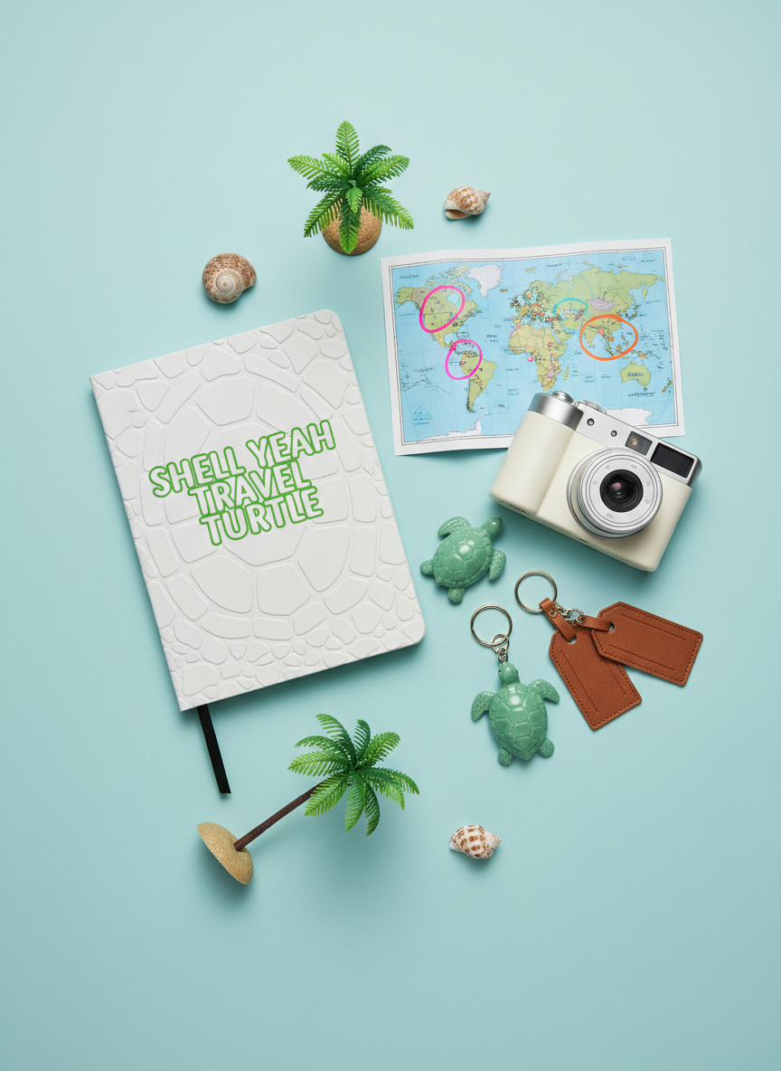 A neatly arranged flat lay on a pale aqua background featuring a turtle-themed travel planner notebook with an embossed shell pattern, a folded world map with island destinations circled in bright marker, a compact camera, and a pair of turtle-shaped keychains attached to miniature luggage. Small decorative seashells and a tiny plastic palm tree add a playful touch. Soft studio lighting from above creates even illumination with subtle, soft-edged shadows, enhancing textures without harsh contrast. Photographic realism, top-down bird’s-eye view composition, clean and modern aesthetic with vibrant accents, conveying organized, fun travel planning in a playful "Shell Yeah Travel Turtle" style.