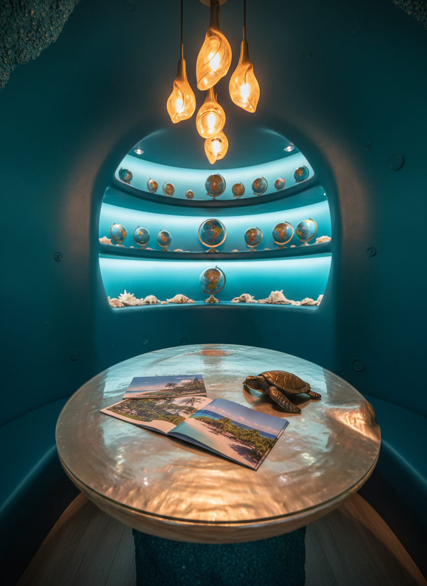 A cozy travel agency consultation nook styled like an underwater cove, with curved teal walls and a central round table resembling a giant polished seashell. On the table, open travel catalogs show vivid island photos beside a small, gleaming bronze turtle statue. In the background, illuminated wall shelves hold globe models and seashell decor, softly out of focus. Warm pendant lights above cast a golden glow onto the shell-table surface, creating gentle reflections and a snug, welcoming atmosphere. Photographic realism, eye-level wide shot with moderate depth of field, playful yet sophisticated mood fitting a themed travel agency interior.