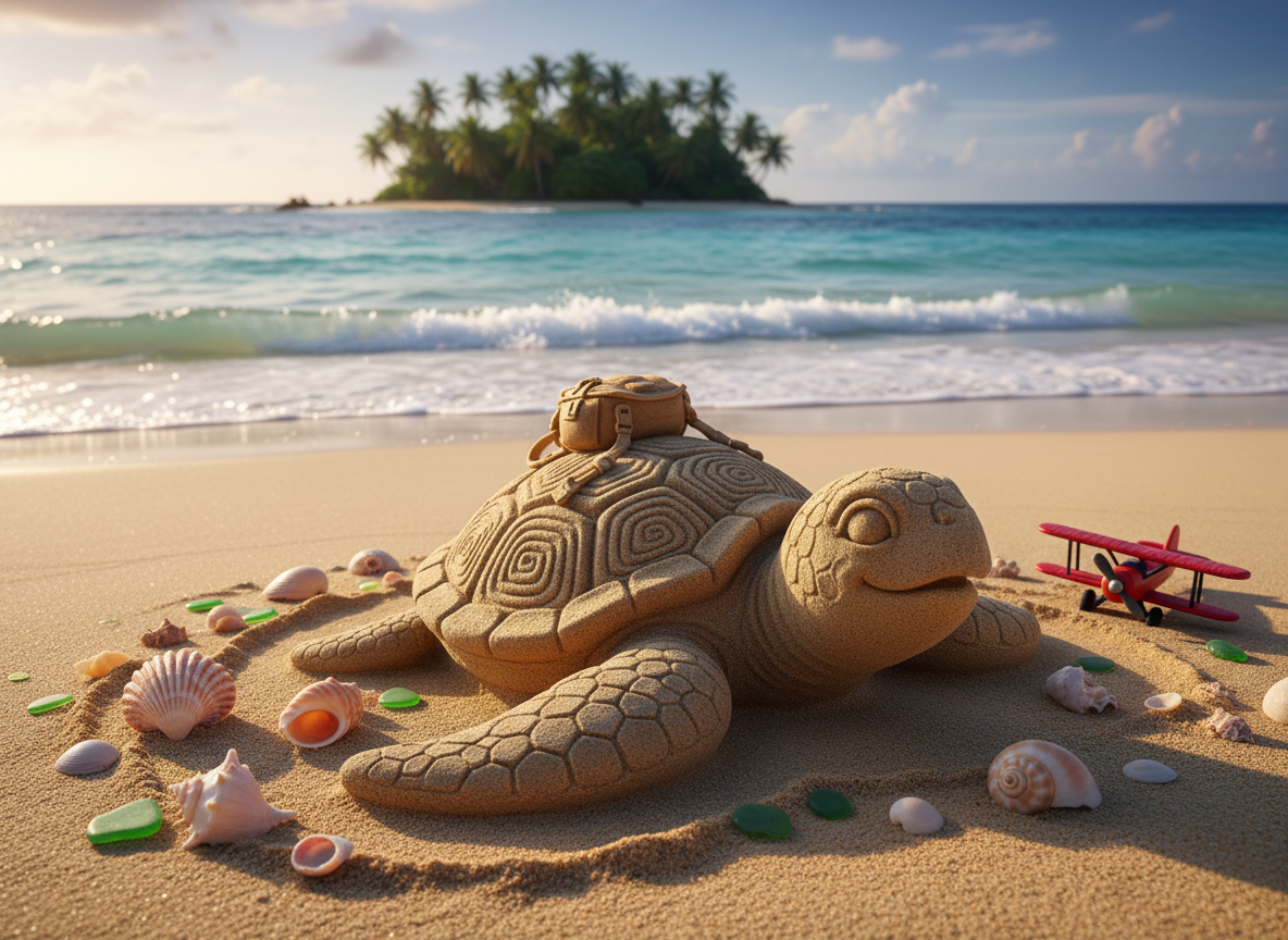 A tropical beach scene centered around a whimsical sand sculpture of a turtle wearing a tiny sand-formed backpack, built with crisp, well-defined edges and a carefully carved shell pattern. Around it, small seashells and a miniature toy airplane are half-buried in the golden sand. Turquoise waves shimmer in the mid-ground, and a distant island with lush greenery is softly blurred. Late afternoon sunlight casts warm, low-angle light, creating long, soft shadows and sparkling highlights on the water. Photographic realism with vibrant colors, eye-level composition, playful and dreamy mood, perfect for a travel agency promoting beach getaways with a fun turtle mascot.