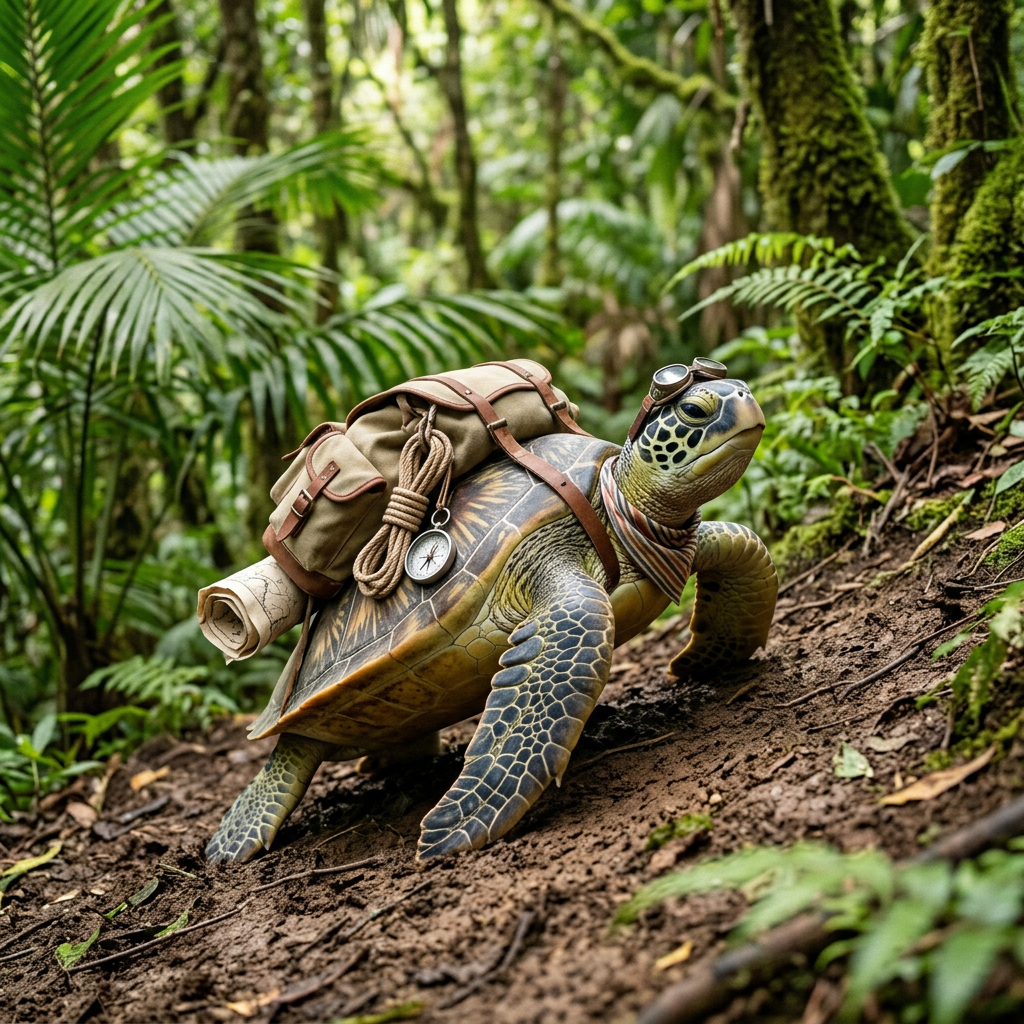 Turtle wearing goggles, scarf, and carrying backpack with rope and map in a dense forest