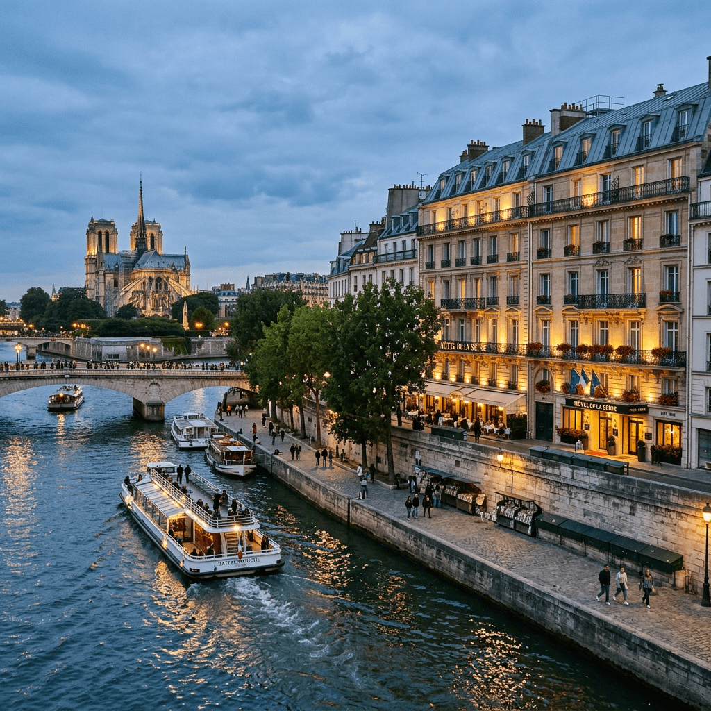 Boat cruising on the Seine River near Notre-Dame Cathedral in Paris at dusk